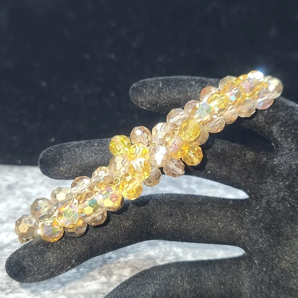 Vintage Amber AB Crystal Bead Bar Brooch Gold Tone Iridescent Cluster Pin